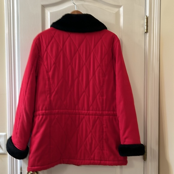 Talbots red jacket with black faux fur on collarr and cuff. - Picture 6 of 7